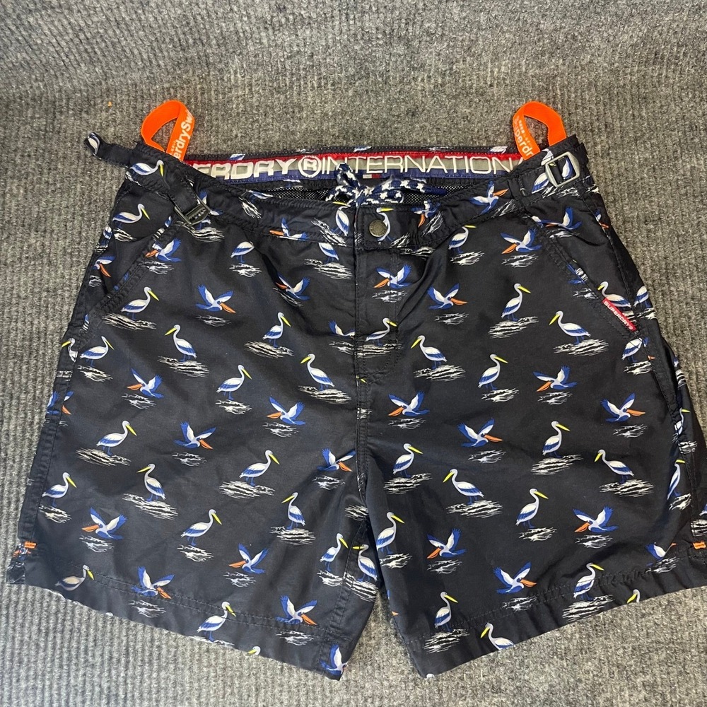 Superdry Pelican Print Swim Shorts Mens L Navy Blue Excellent Mesh‎ Lined Trunks